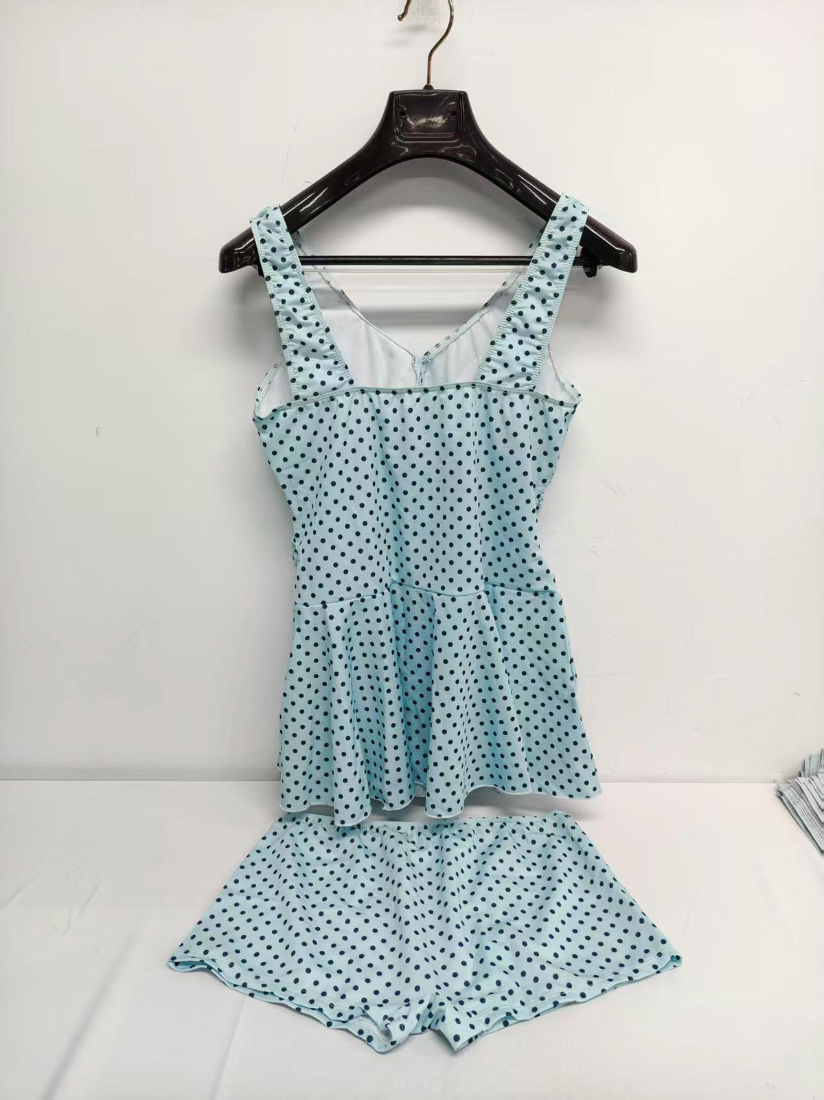 Retro Pleated Swim Dress with Matching Bottoms, Vintage-Inspired Modest Tankini, Blue Polka-Dot