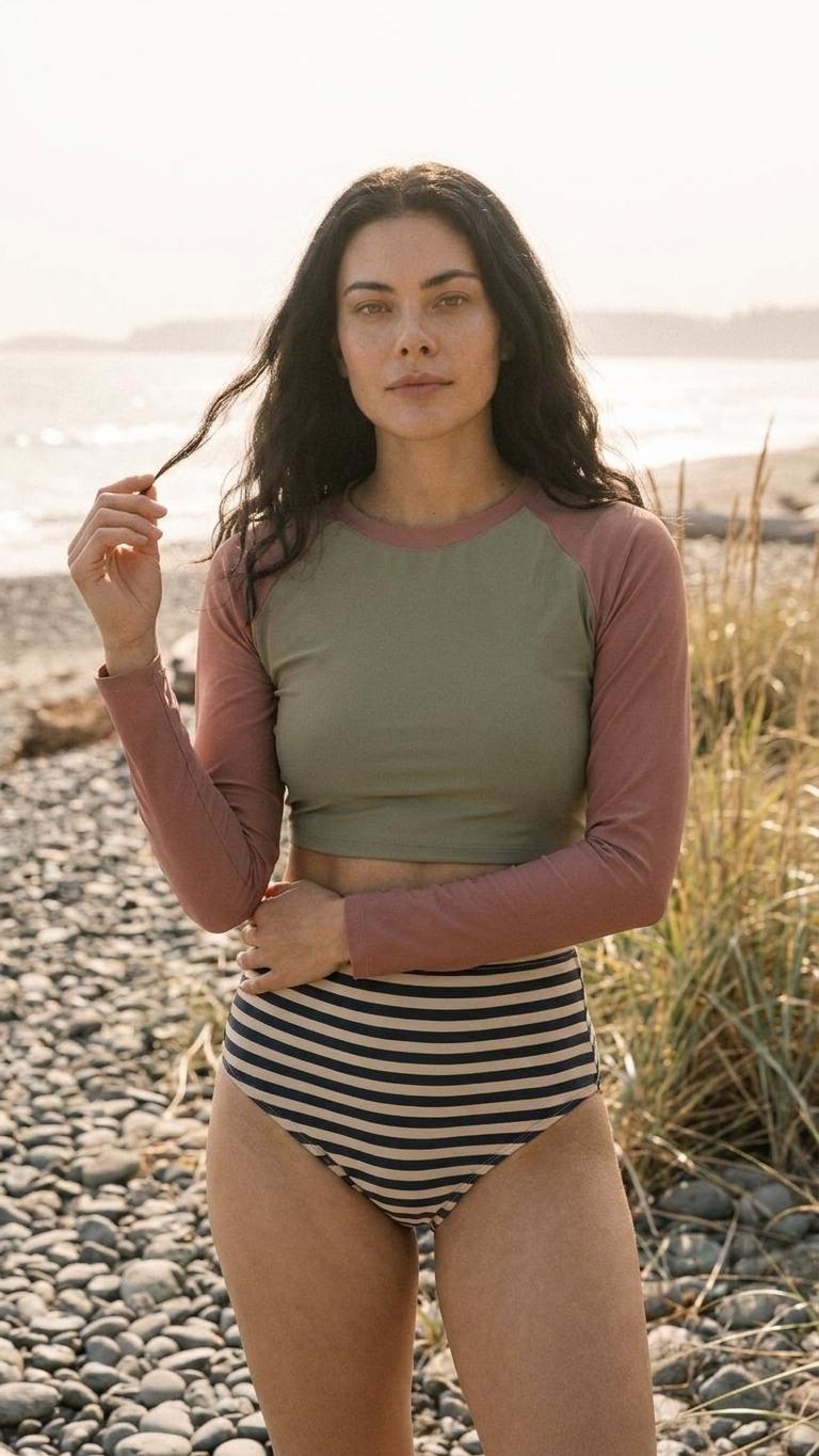 Retro Surf Long-Sleeve Bikini - Cropped Rash-Guard, High-Waist Bottoms - Sporty Two-Piece Swimsuit, Stone Grey & Terracotta