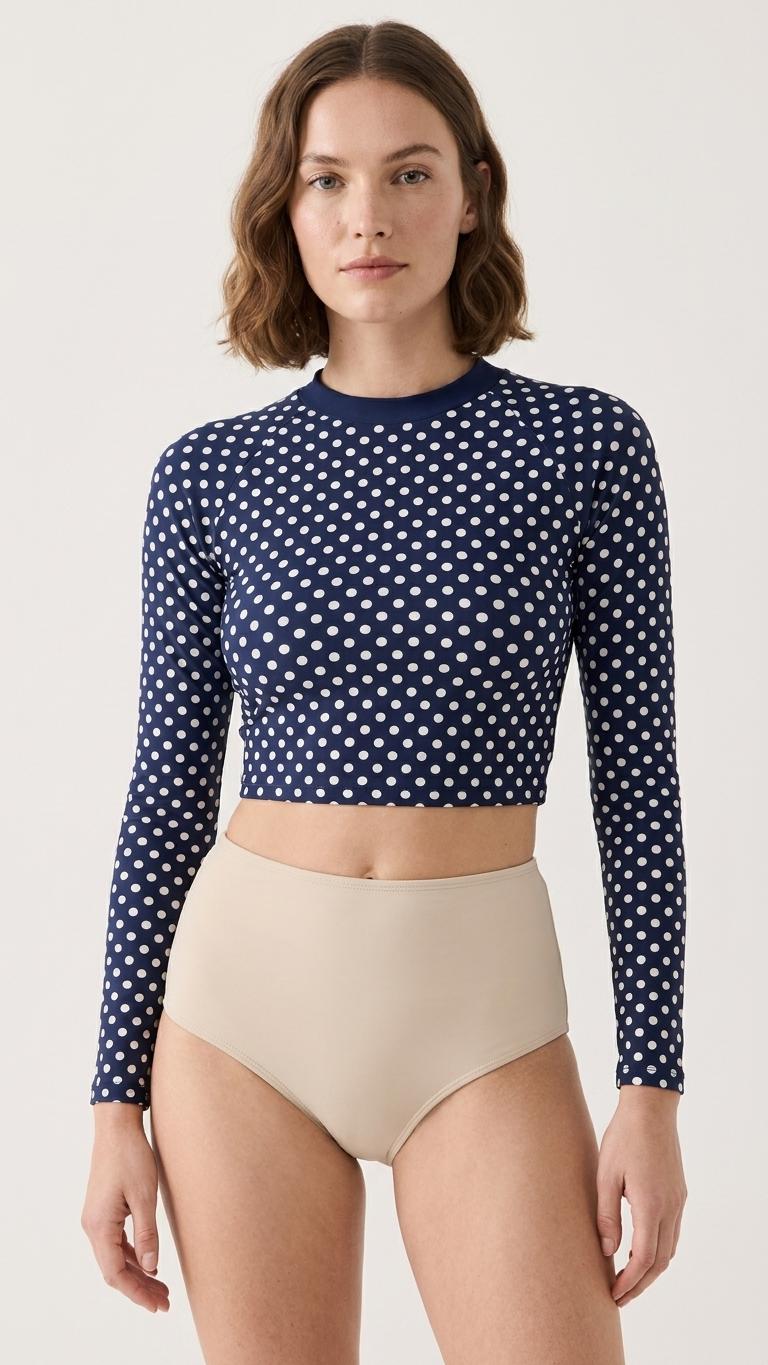 70s Retro Surf Sporty Long-Sleeve Rash-Guard Bikini | Vintage Polka Dot in Navy Blue & Brown