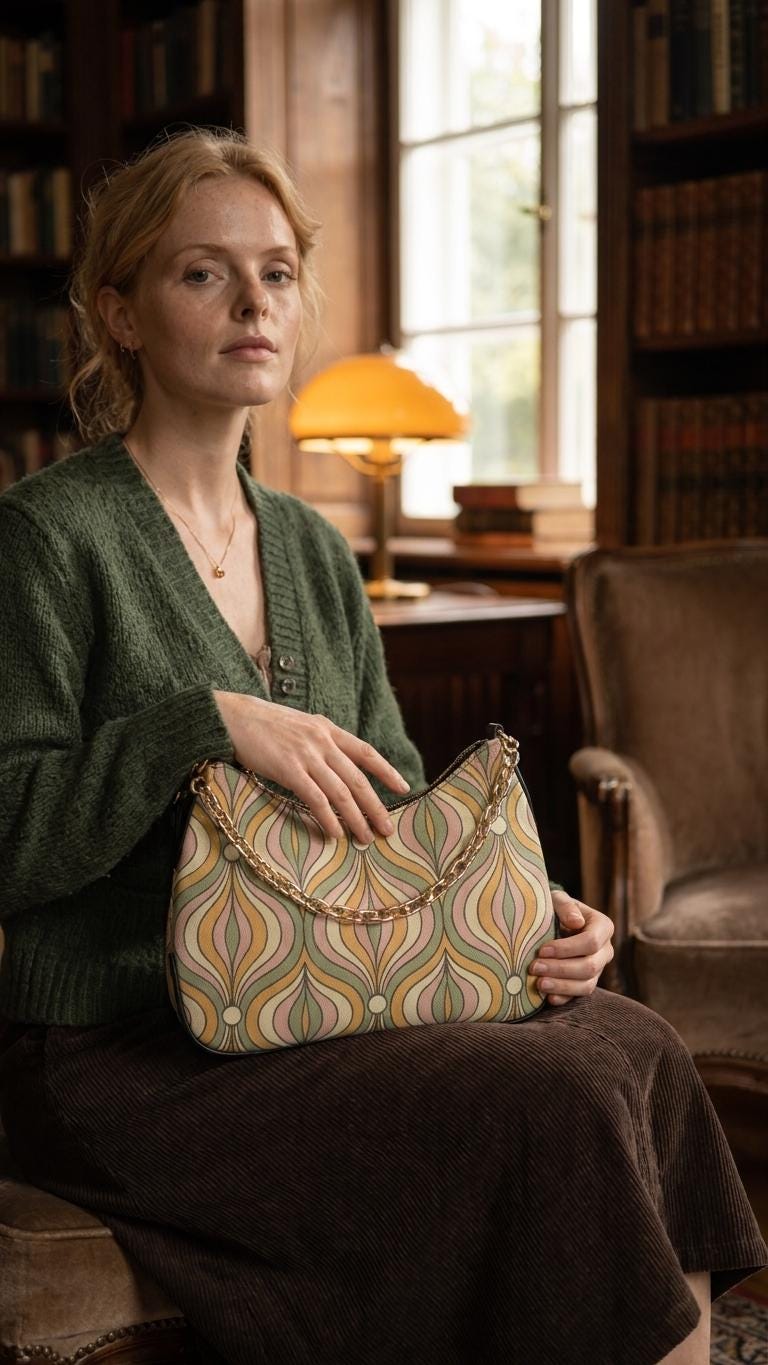 Retro Mid-Century Printed Shoulder Bag, Groovy Boho Vegan Leather Handbag with Chain