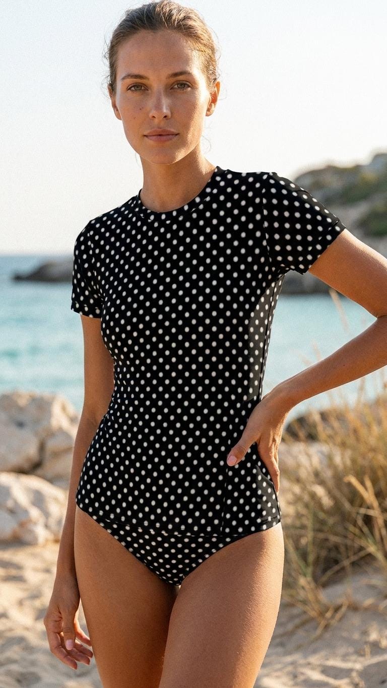 Chic Minimalist Tankini – Stylish Short-Sleeve Rash-Guard Swim-Top & Briefs Swimsuit | Vintage Polka Dot