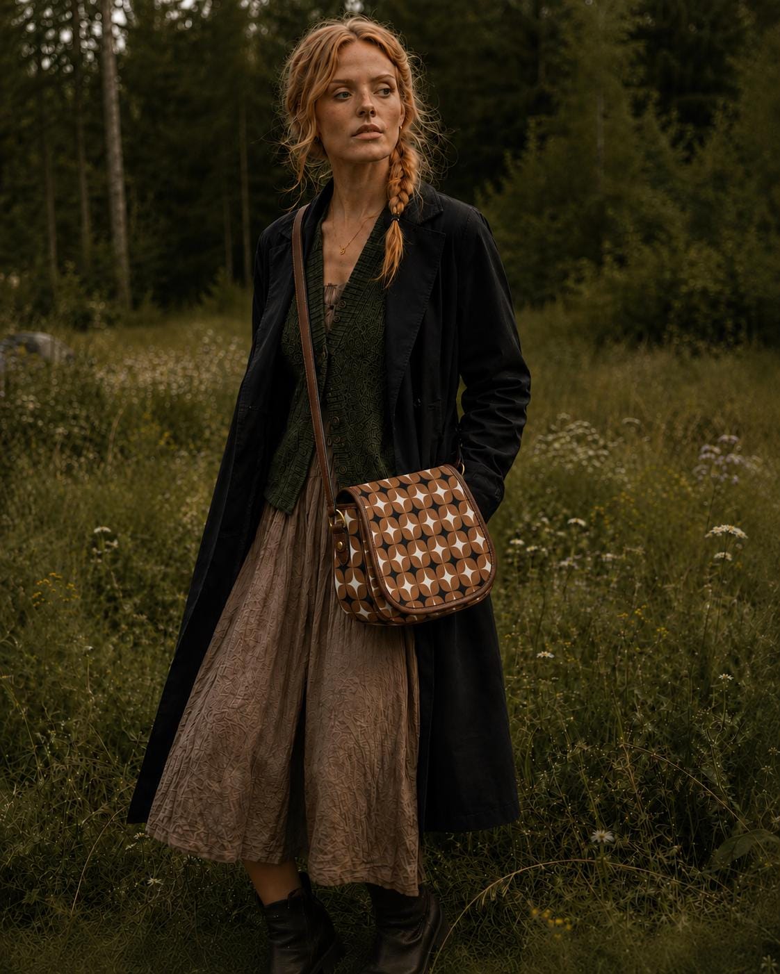 Vintage Saddle Crossbody Bag, Retro Boho Shoulder Purse - Mid-Century Mod Pattern in Brown