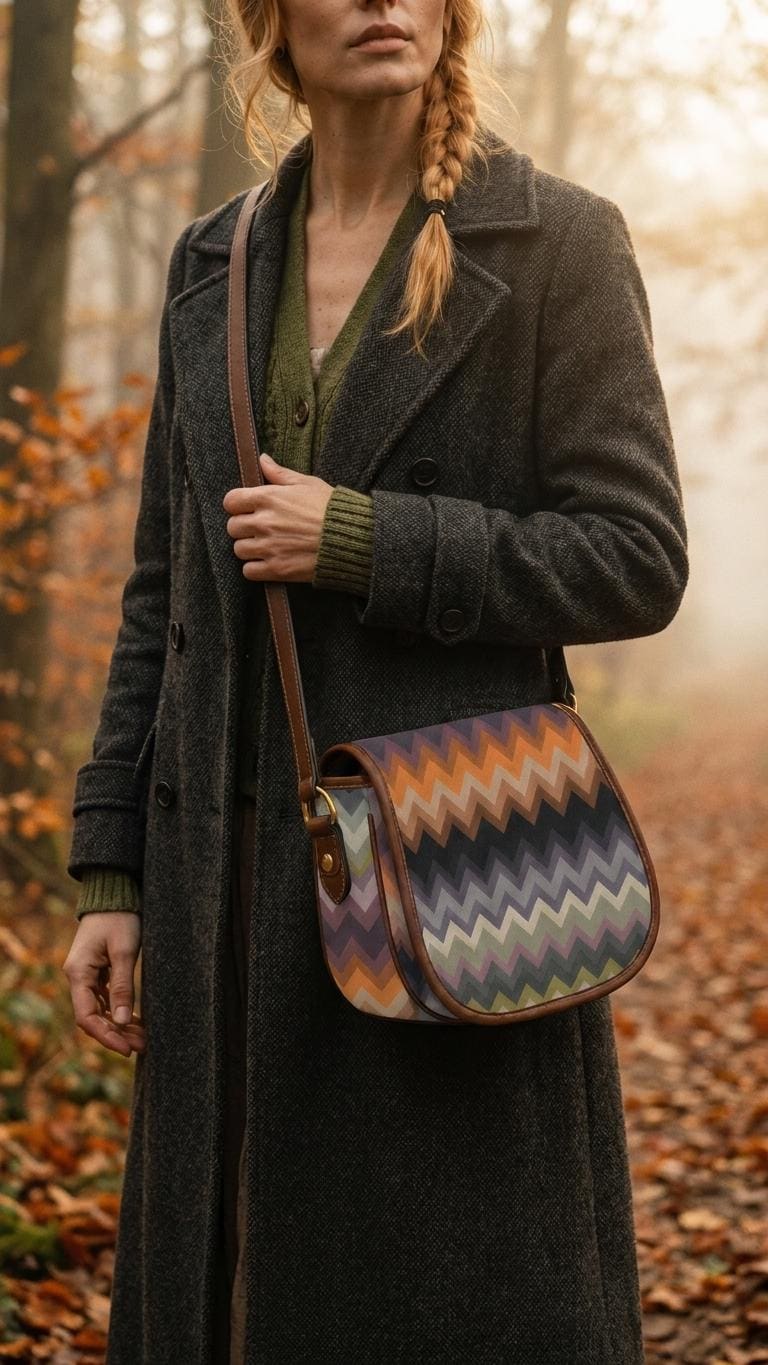 Vintage Saddle Crossbody Bag, Retro Boho Shoulder Purse - Autumnal Chevron