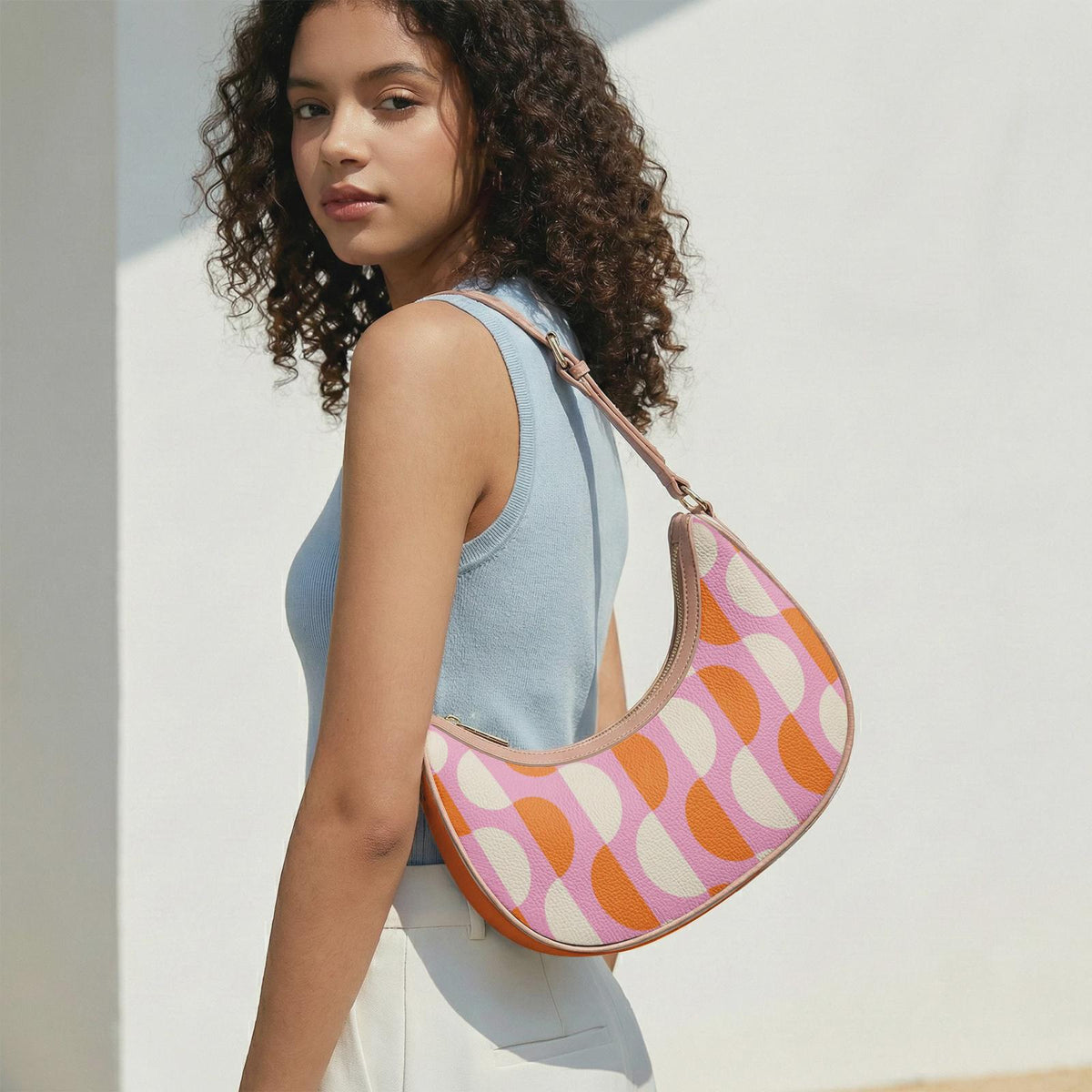 Retro Boho Crescent Underarm Bag - Mid-Century Groovy Pattern - Peach