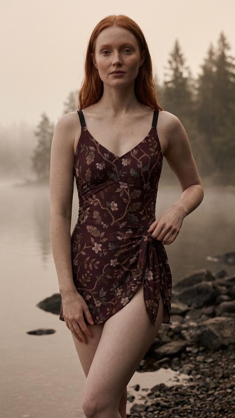Retro Swim Dress, Integrated Bottoms & Adjustable Straps, Modest One-Piece Romper, Brown Vintage Florals