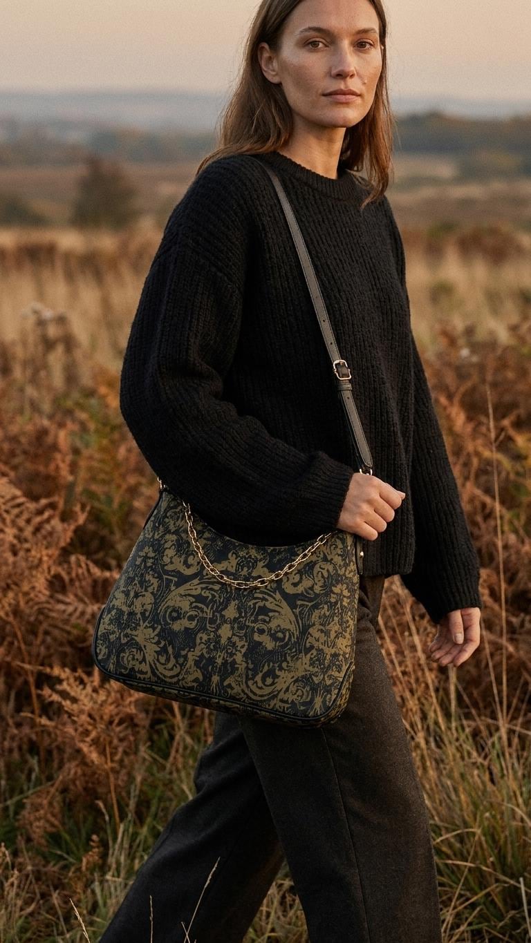 Distressed Baroque Printed Shoulder Bag, Grunge Damask Vegan Leather Handbag with Chain