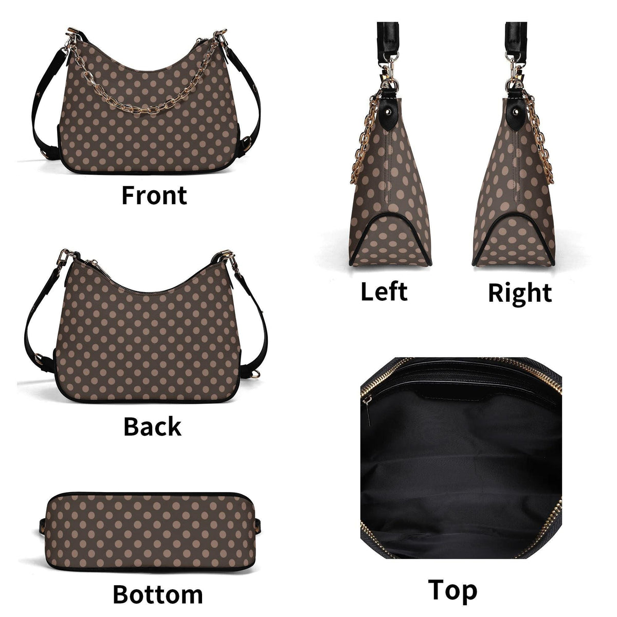 Retro Brown Polka Dot Printed Shoulder Bag, Rustic Boho Vegan Leather Handbag with Chain