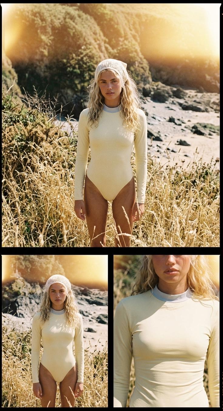Vanilla Long Sleeve Open Back Swimsuit, One-Piece Surf Swimwear, Front Lined, Removable Padding