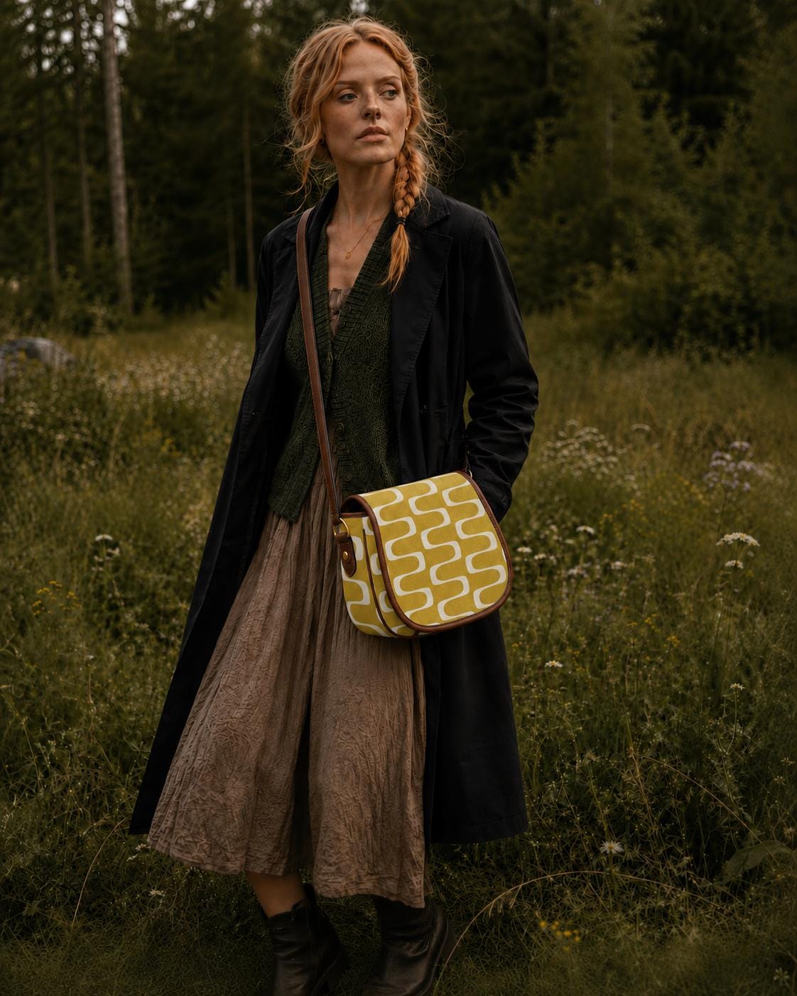 Vintage Saddle Crossbody Bag, Retro Boho Shoulder Purse - Mid-Century Mod Pattern in Mustard