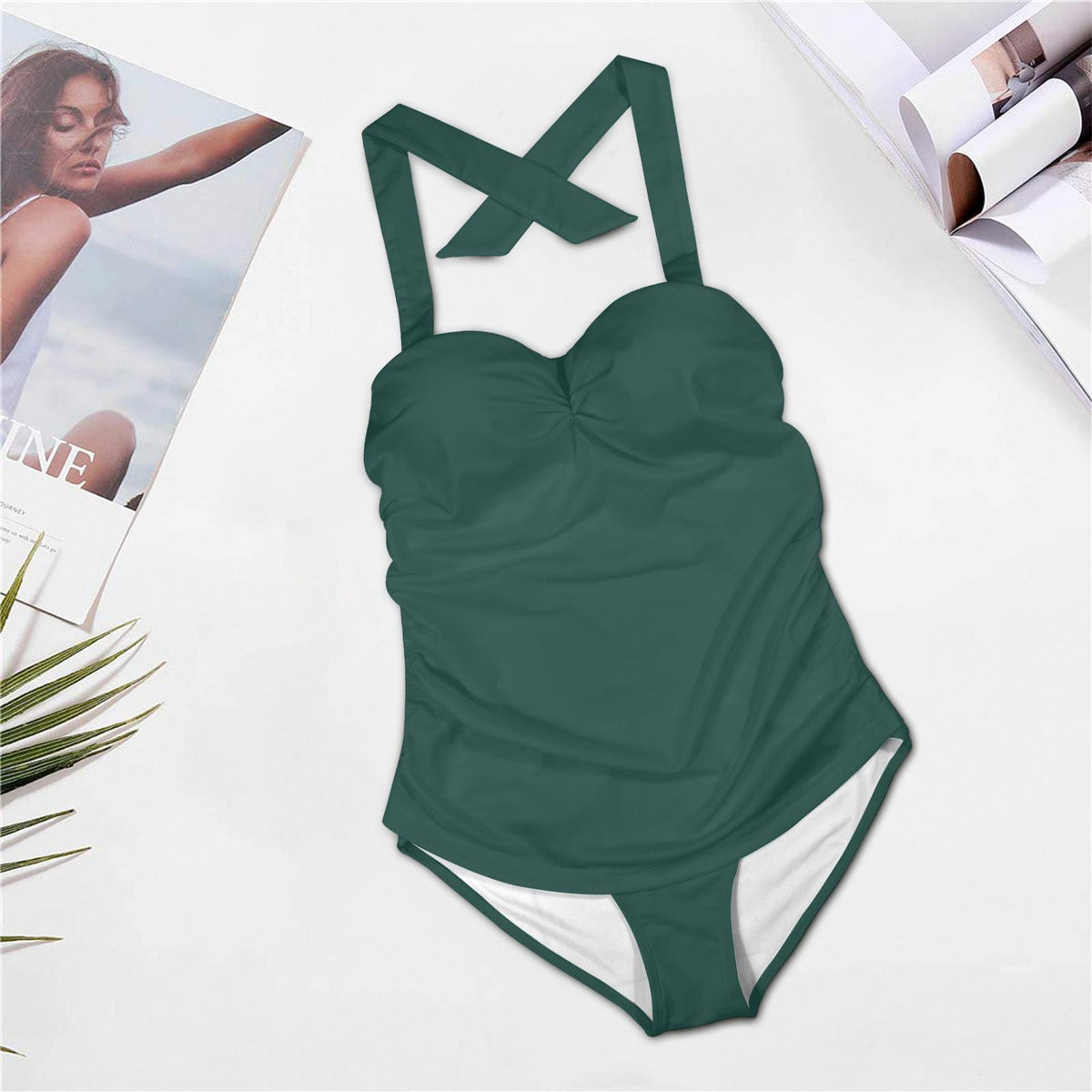 CUSTOM LISTING: Retro 1950s Solid Dark Forest Green Ruched Bathing Suit | Pin-Up Style