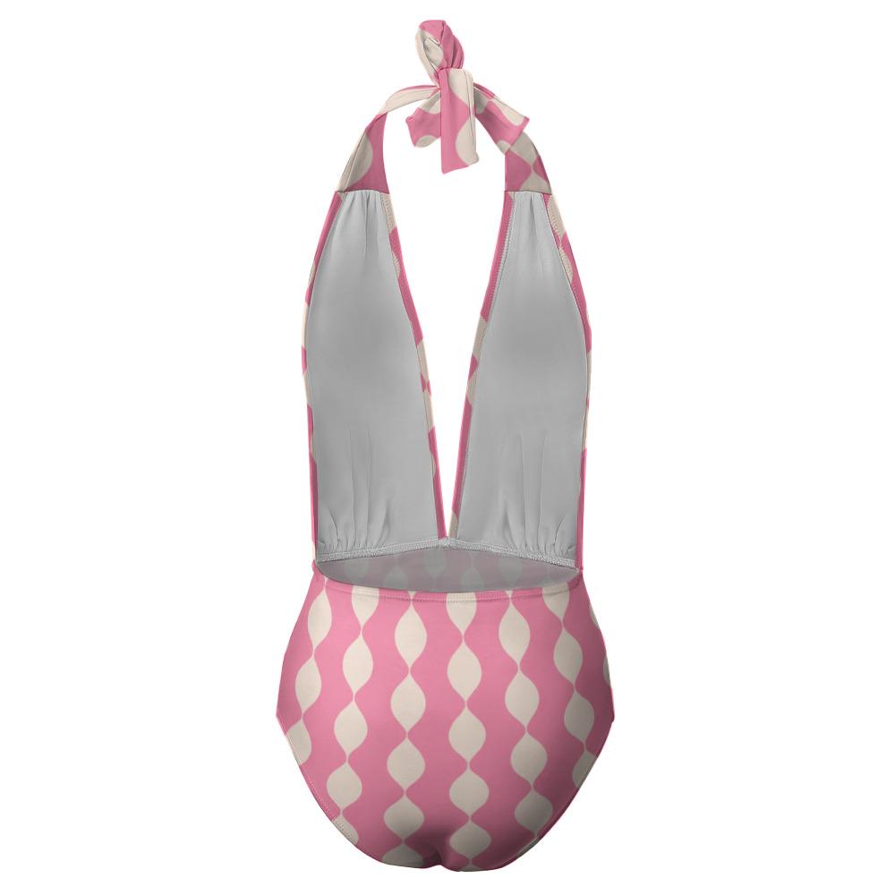 Retro Monroe Mid-Century Leaf Pattern in Pink - Halter Plunge One-Piece Swimsuit