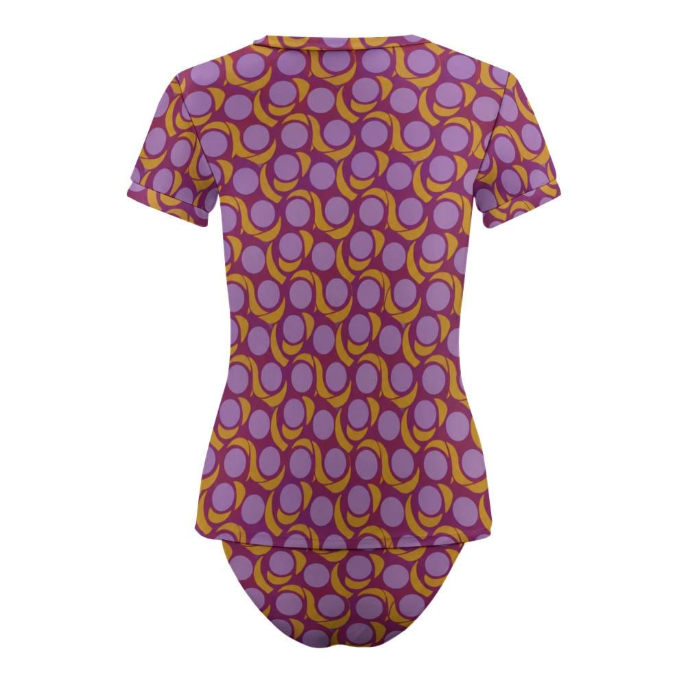 Chic Minimalist Tankini – Short Sleeve Rash-Guard Swim-Top & Briefs Swimsuit | Retro Mod-Style Mid-Century Purple