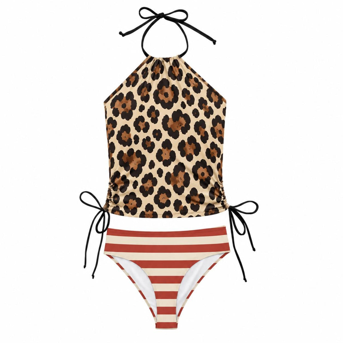 Retro Halter Tankini Swimsuit – Two-Piece Drawstring Halter Bathing Suit – Y2K Leopard & Red Stripes