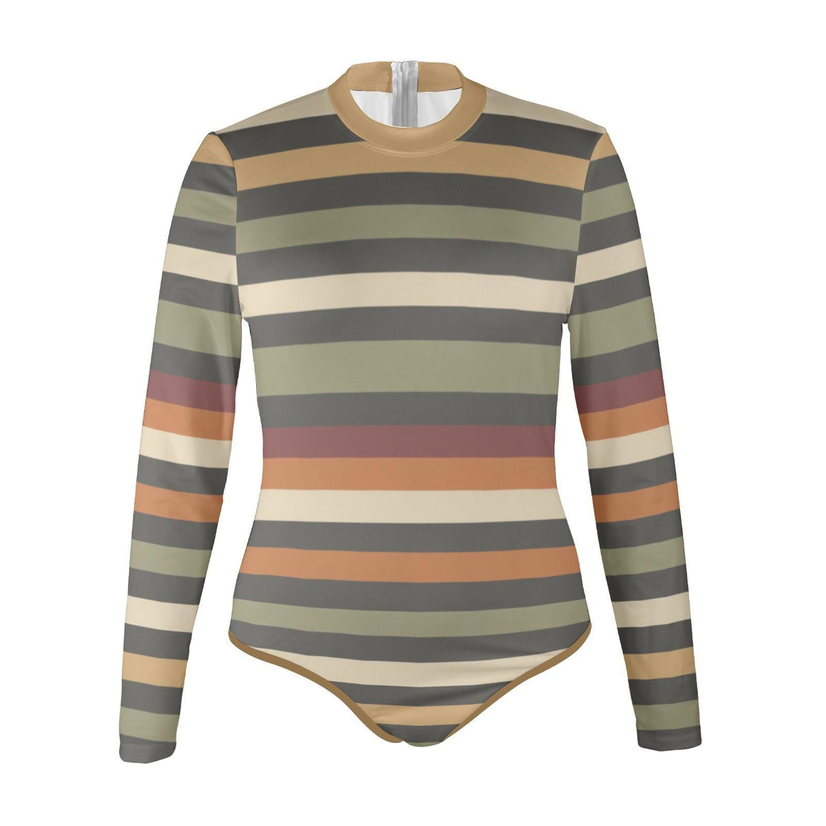 Lightweight Retro Long-Sleeve One-Piece Swimsuit - Back Zipper - Soft Chest Pads - Autumnal Stripes