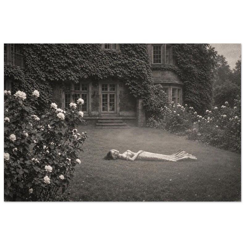 Faux-Victorian Wall Art, Syren in the Rain, Black-and-White Dark Romantic Garden Print, Framed or Unframed