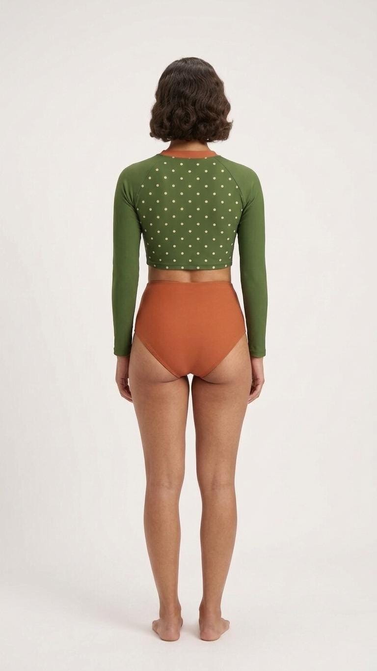 Retro Surf Sporty Long-Sleeve Rash-Guard Bikini | High-Waist Two-Piece Swimsuit | Green Polka Dot & Terracotta