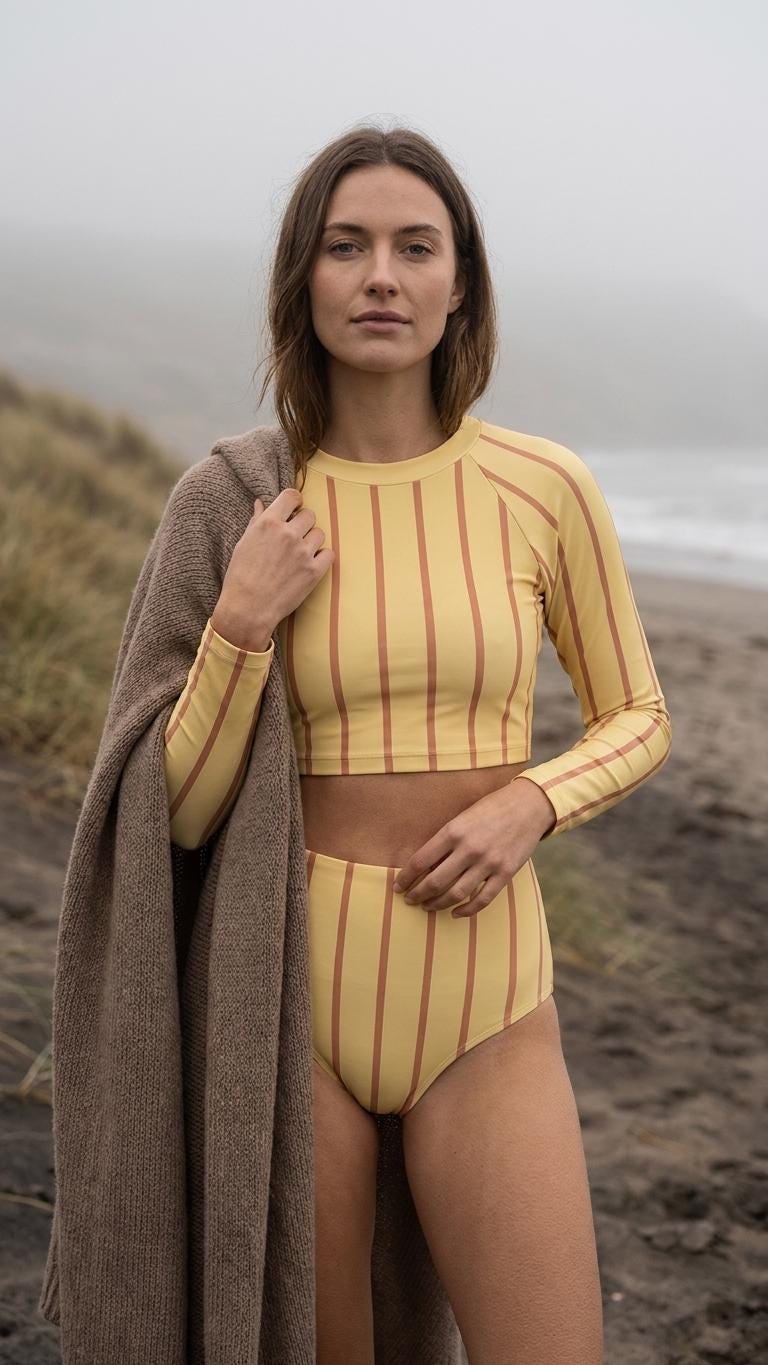 Yellow Vintage Stripes Fall Lakehouse Two-Piece Swimsuit, Retro Long-Sleeve Crop Rash-Guard Set