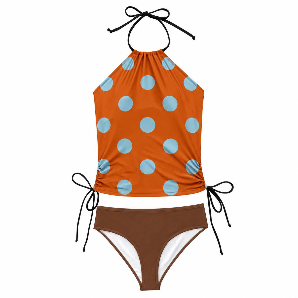 Retro Halter Tankini Swimsuit – Two-Piece Drawstring Halterneck Bathing Suit – Polka Dot Burnt Orange & Brown