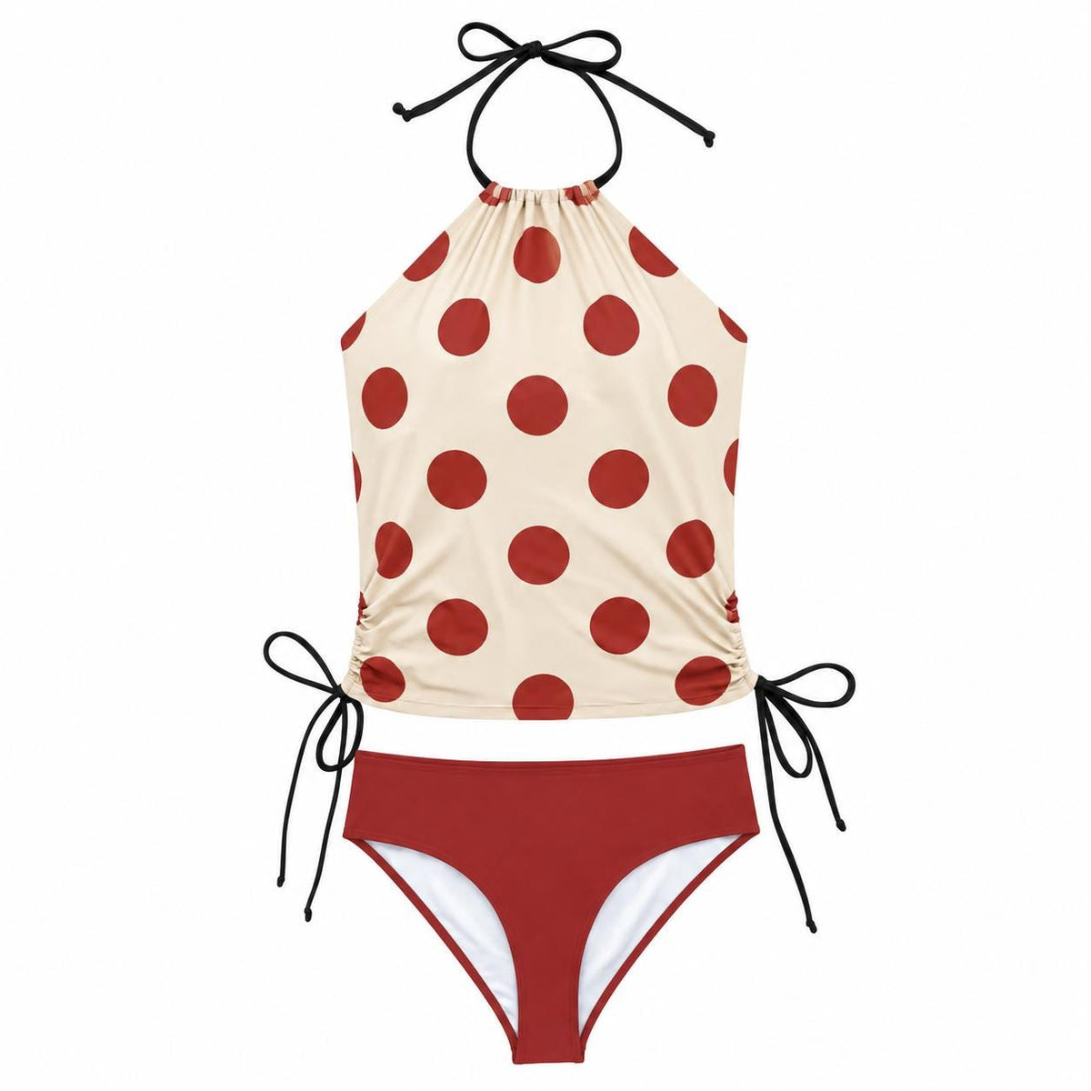 Retro Halter Tankini Swimsuit – Two-Piece Drawstring Halterneck Bathing Suit – Polka Dot Red & Cream