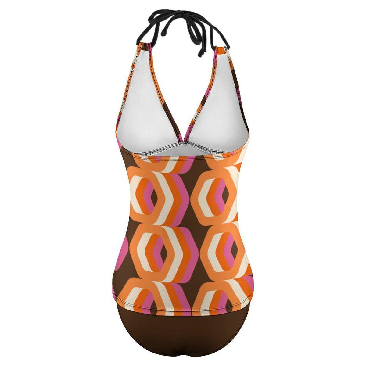 Retro Seventies Adjustable Tankini | V-Neck Split Two-Piece Halter Swimsuit | Mod Mid-Century Print in Brown
