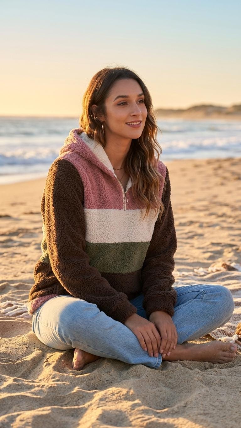 Borg Fleece Half-Zip Hoodie, Retro Color Block, Plush Teddy Sherpa Pullover - with Green