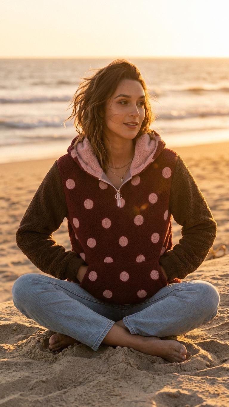 Borg Fleece Half-Zip Hoodie, Retro Polka-Dot, Plush Teddy Sherpa Beach Cover-Up