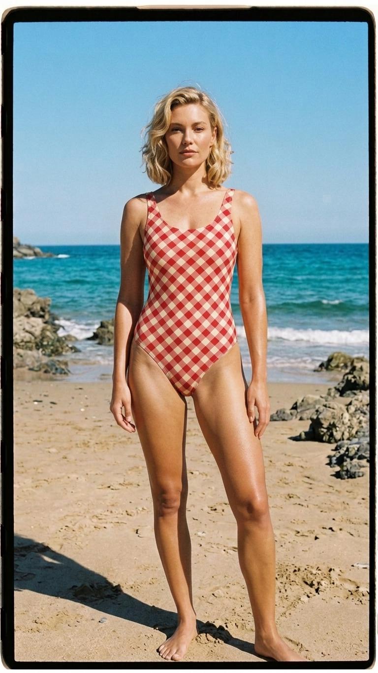 Classic Gingham Checks Backless One-Piece Swimsuit | High-Cut, Scoop-Neck Swimwear