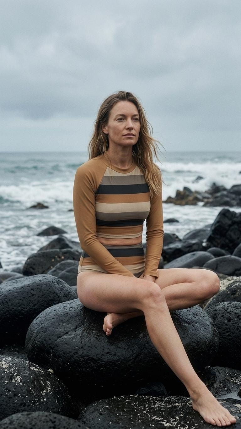 Caramel & Charcoal Vintage Stripes Fall Lakehouse Two-Piece Swimsuit, Retro Long-Sleeve Crop Rash-Guard Set
