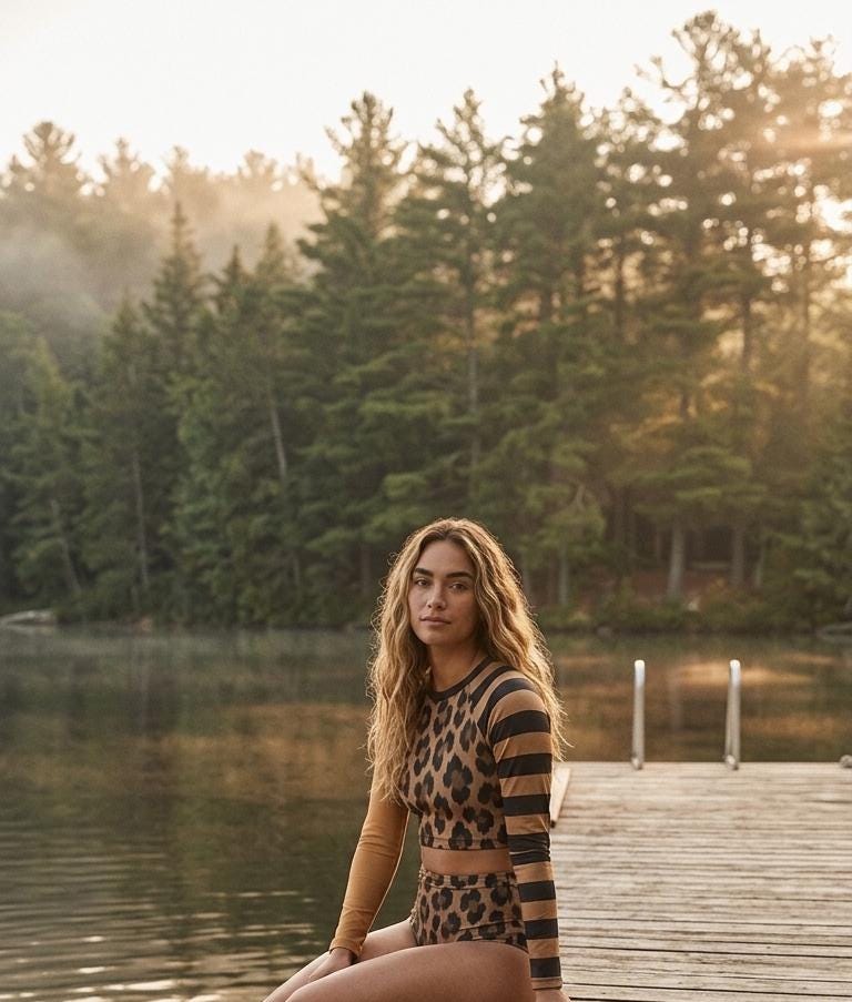Leopard Brown with Stripes Two-Piece Swimsuit, Retro Long-Sleeve Crop Rash-Guard Set