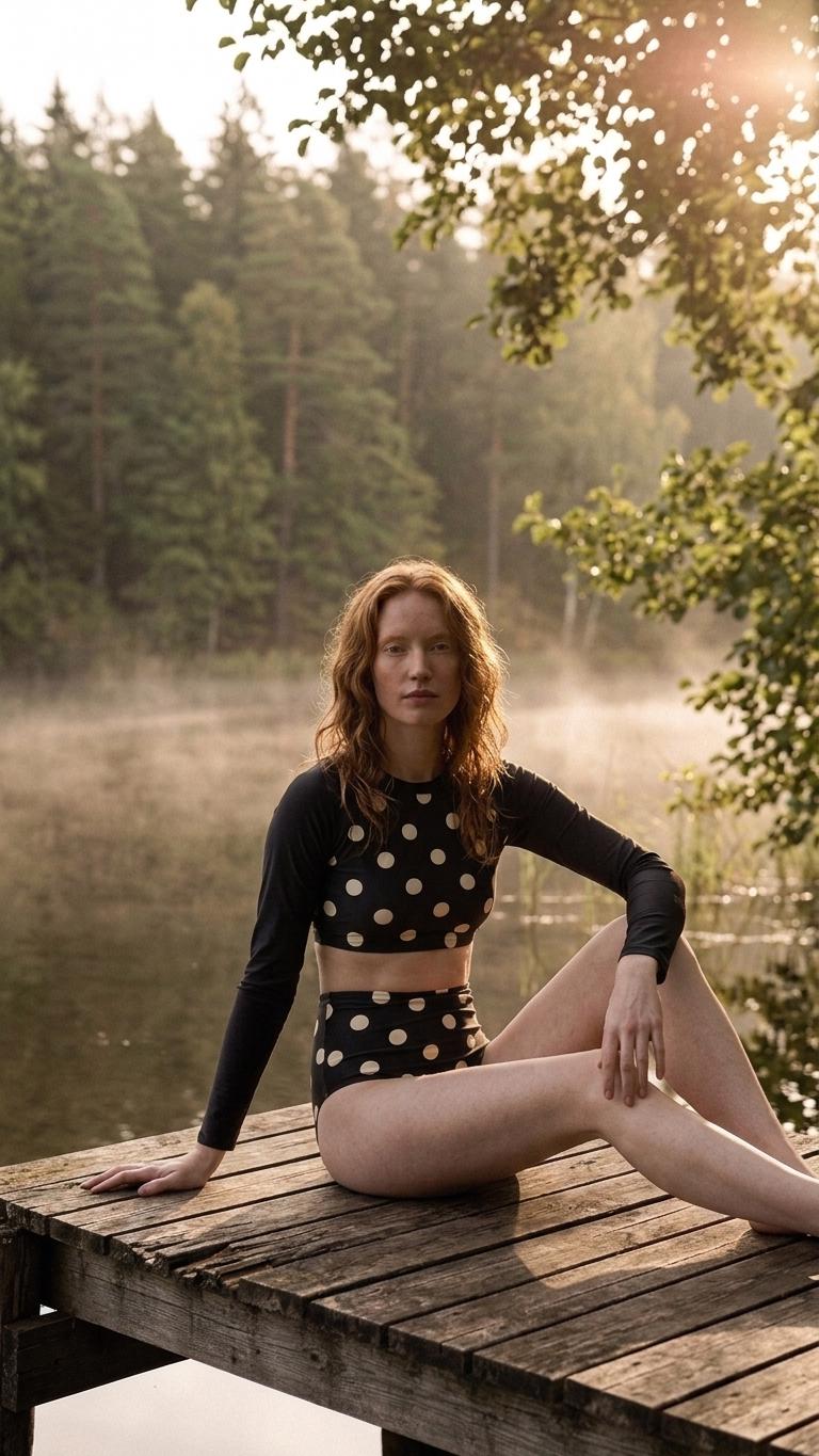Retro Surf Sporty Long-Sleeve Rash-Guard Bikini | High-Waist Two-Piece Swimsuit | Black & White