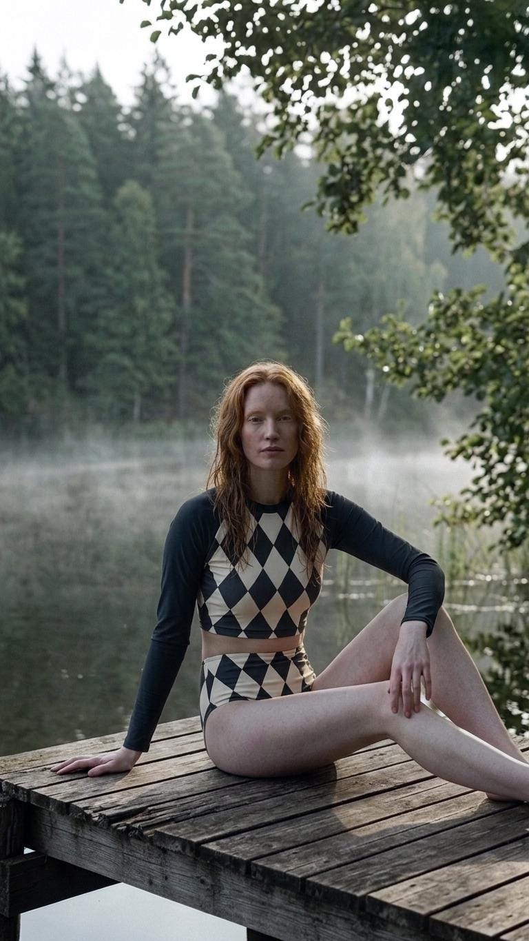 Vintage Diamond Checks Two-Piece Swimsuit, Retro Long-Sleeve Crop Rash-Guard Set