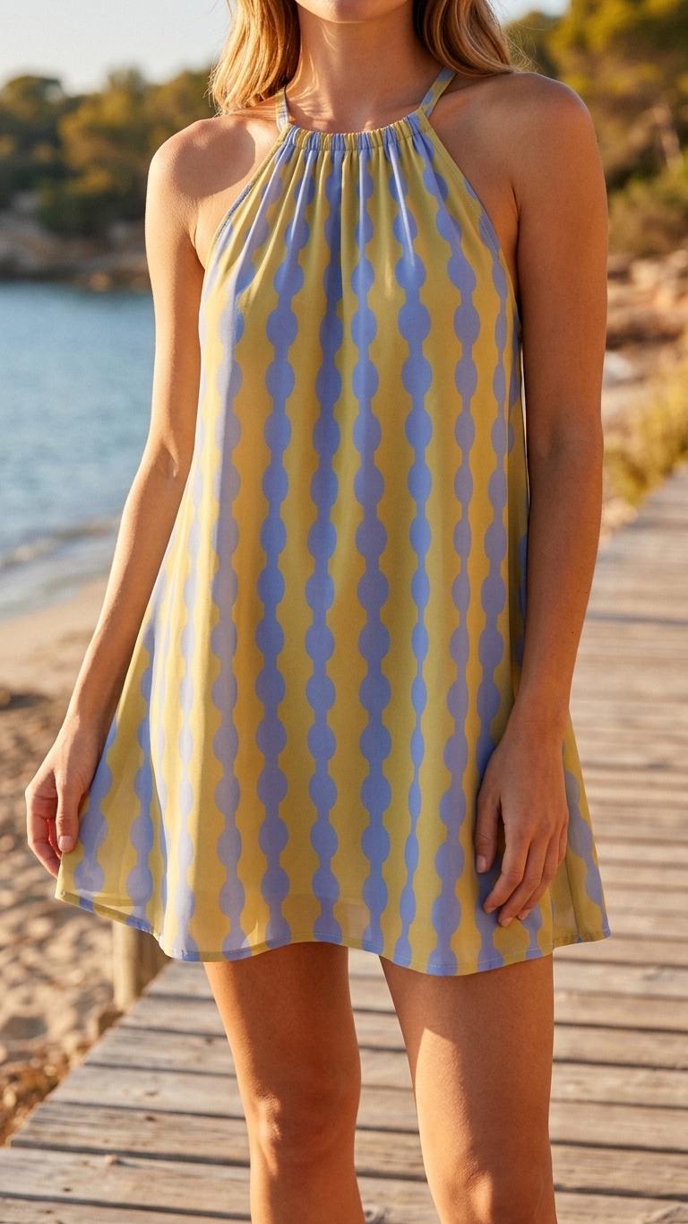 Retro Halter Beach Dress, Lightweight Rayon Summer Cover-Up Mini Dress - Mid Century Hourglass in Blue and Vanilla