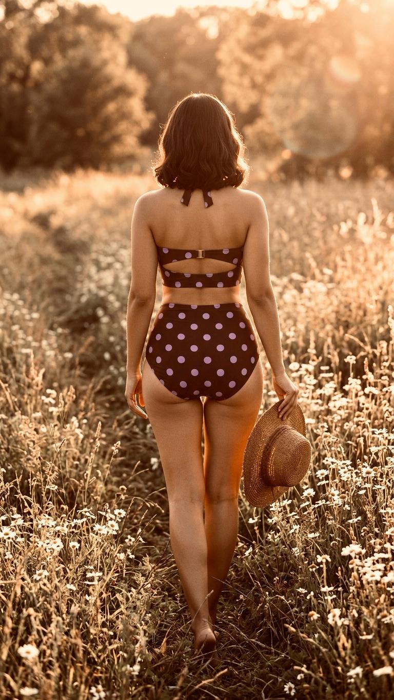 Country-Chic Retro Sweetheart High-Waist Bikini, Vintage-Inspired Pin-Up Halter Swimsuit, Periwinkle & Maroon Polka Dot