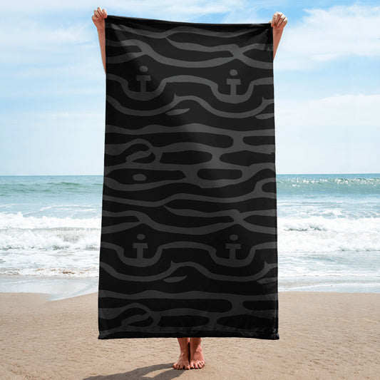 Vampire Art Anchor and Waves Nautical Pattern in Charcoal and Black Beach Towel