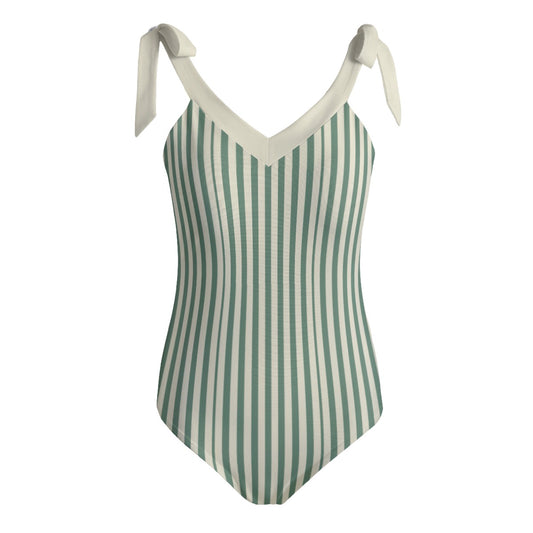 Vampire Art Retro Women's Tie Shoulder One-piece Padded Swimsuit - Breton Stripes in Cream and Green