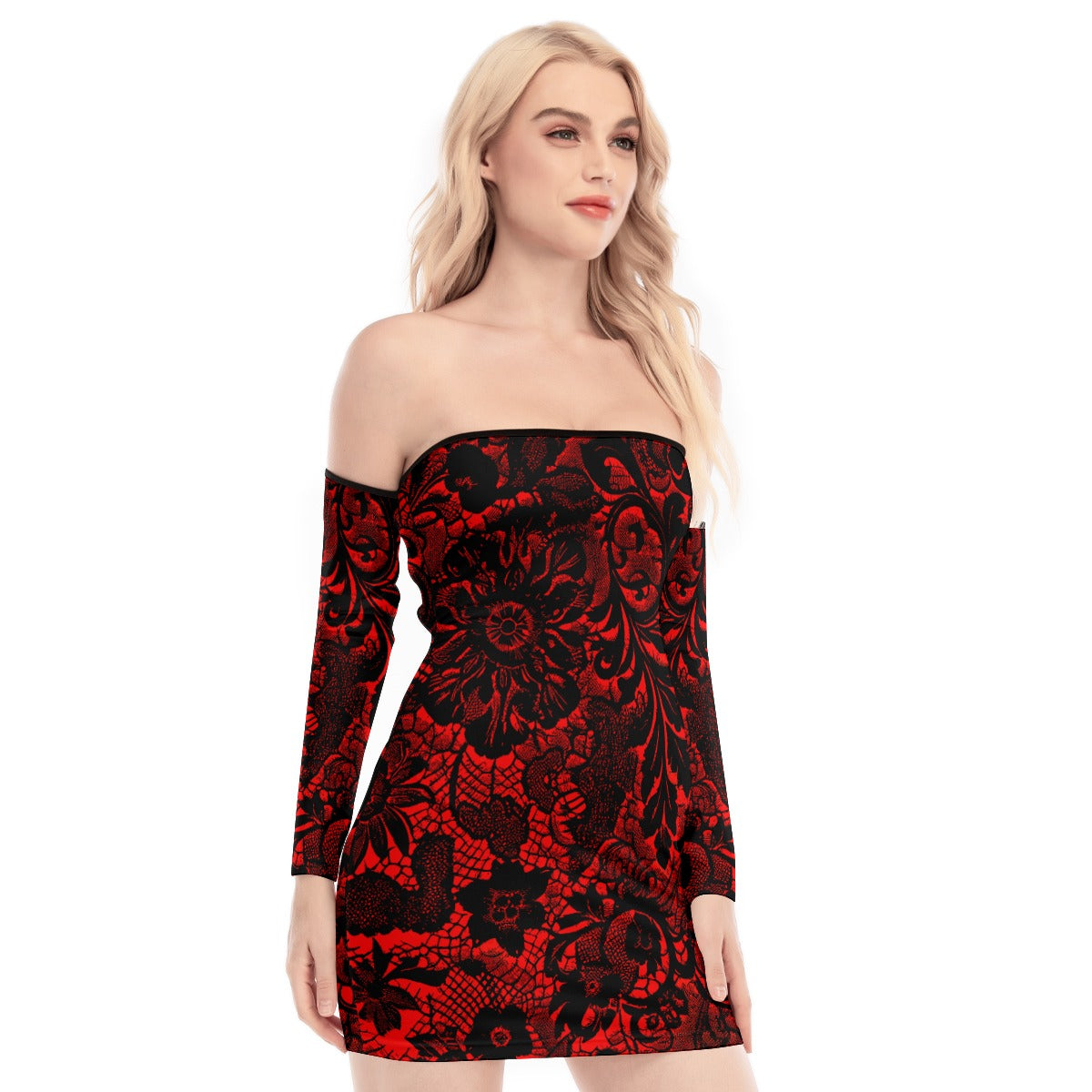 women's dark red and black off the shoulder dress vampire Vampire Art Victorian Red & Black Lace Women's Off-shoulder Back Lace-up Dress