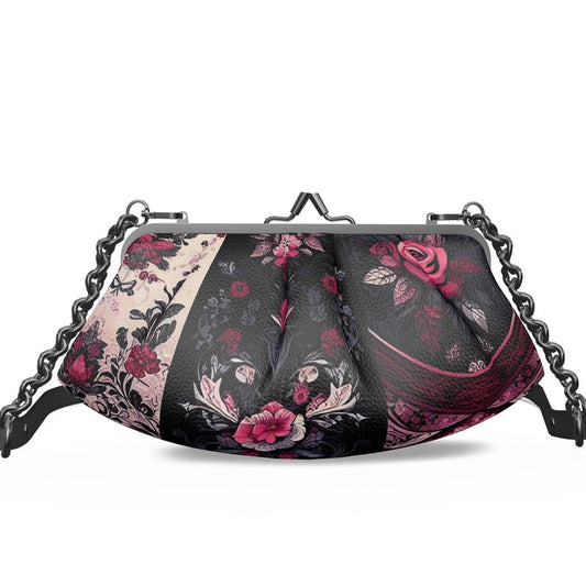 Vampire Art Grunge Victorian Patchwork Premium Nappa Leather Pleated Clutch Bag - Black and Roses