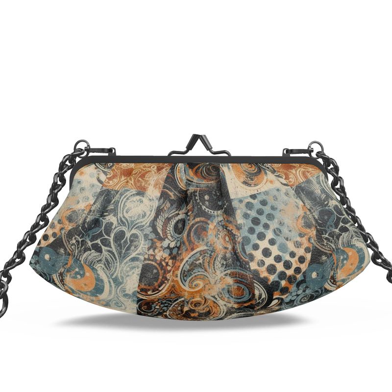 Vampire Art Grunge Victorian Patchwork Premium Nappa Leather Pleated Clutch Bag - Sepia Swirls and Dots