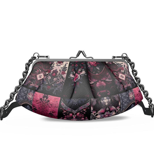 Vampire Art Grunge Victorian Patchwork Premium Nappa Leather Pleated Clutch Bag - Black and Pink
