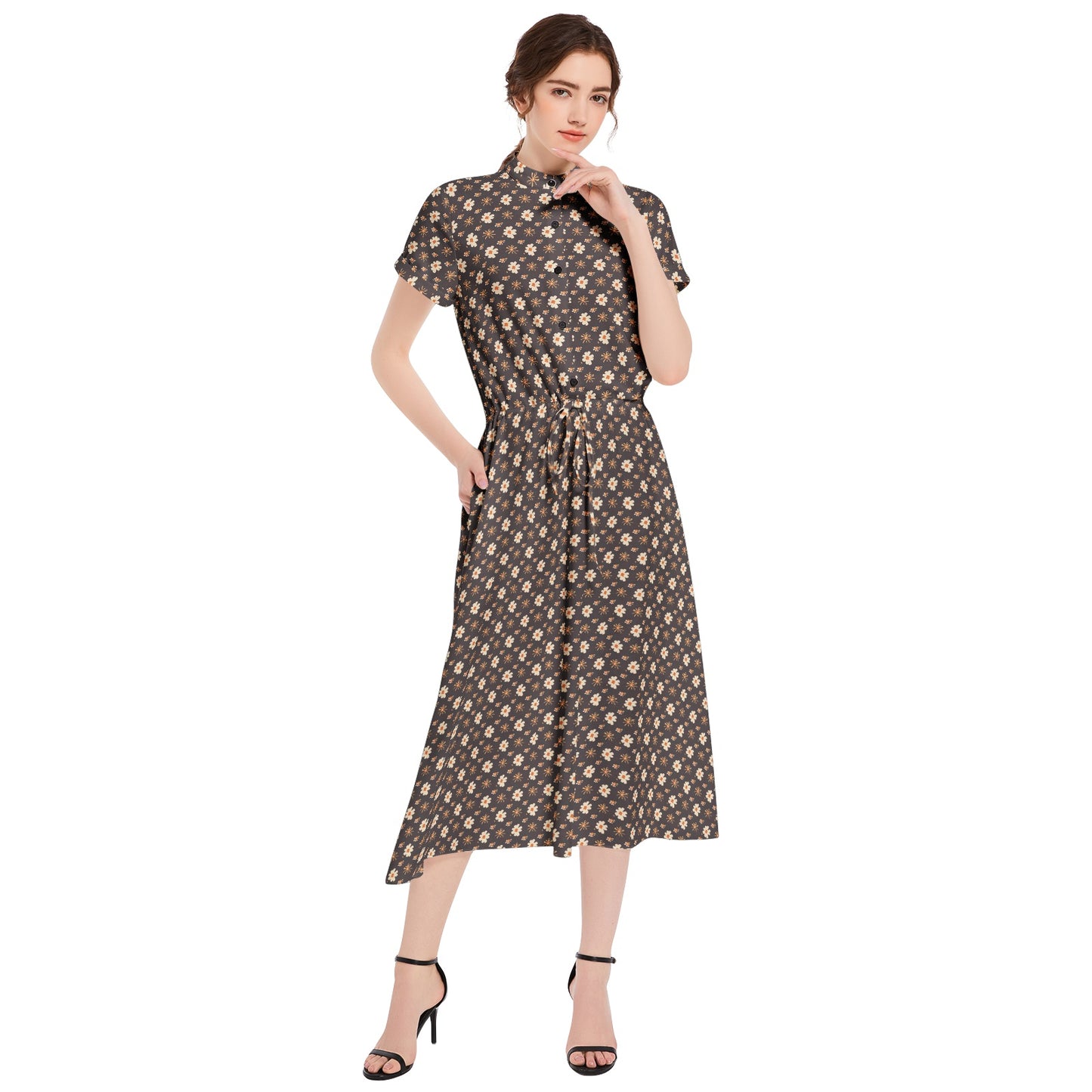 Vampire Art Retro French-style A-line Drawstring Flared Casual Midi Dress - Seventies Floral Brown