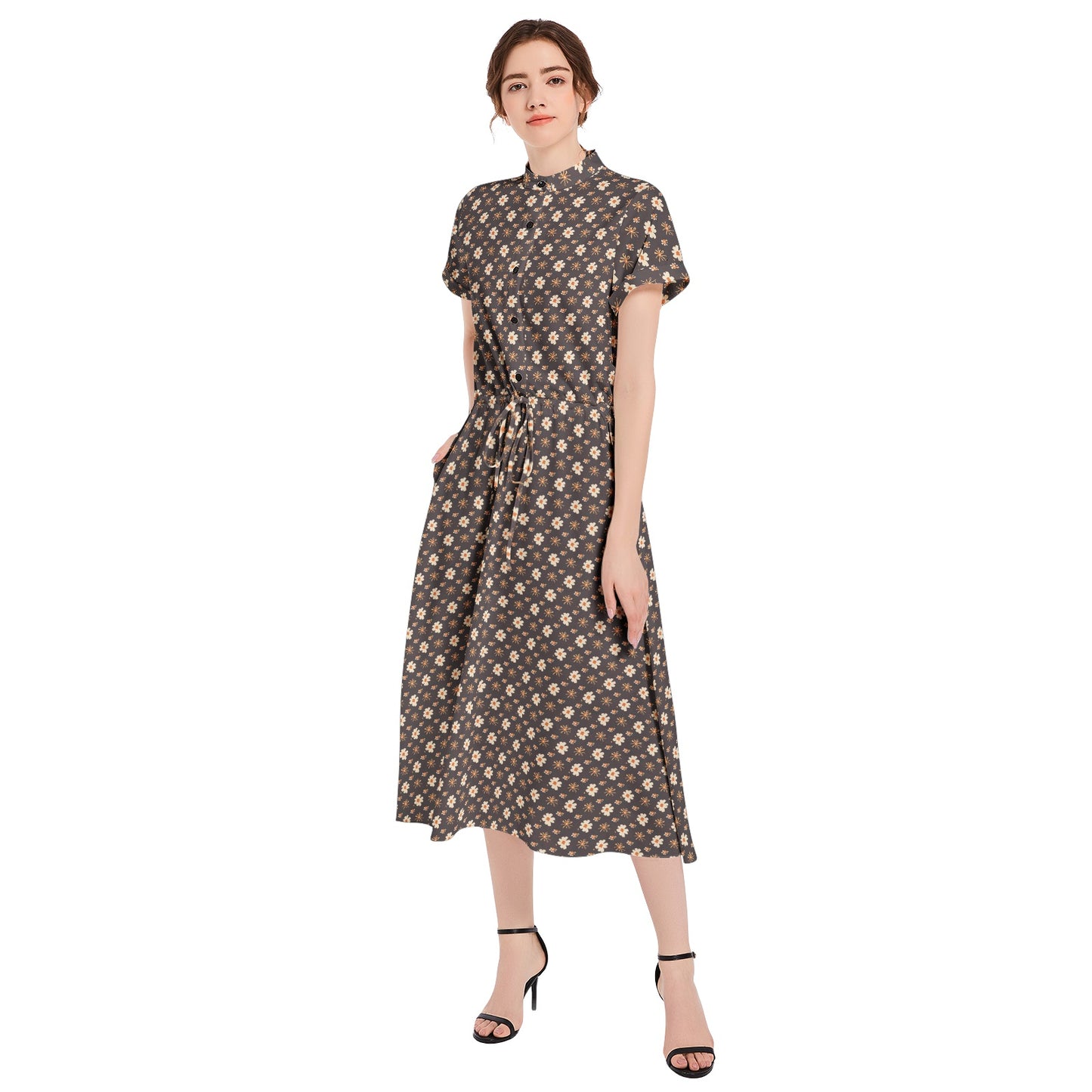 Vampire Art Retro French-style A-line Drawstring Flared Casual Midi Dress - Seventies Floral Brown