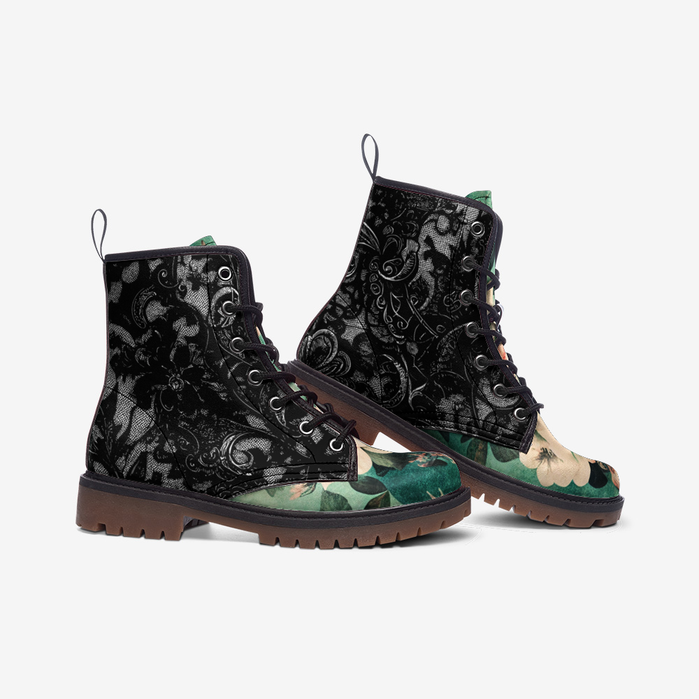 Vampire Art Dark Academia Grunge Victorian Green Floral & Black Lace Faux Leather Lightweight boots MT