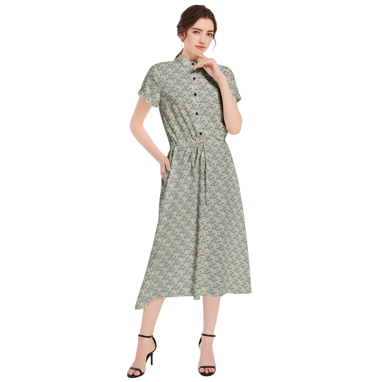 Vampire Art Retro French-style A-line Drawstring Flared Casual Midi Dress - Grey Victorian Little Flowers