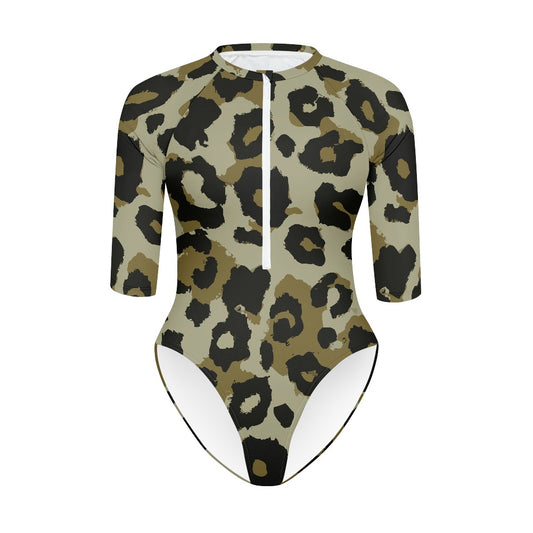 Vampire Art Half-sleeve Zipper Swimsuit - Grunge Khaki Leopard