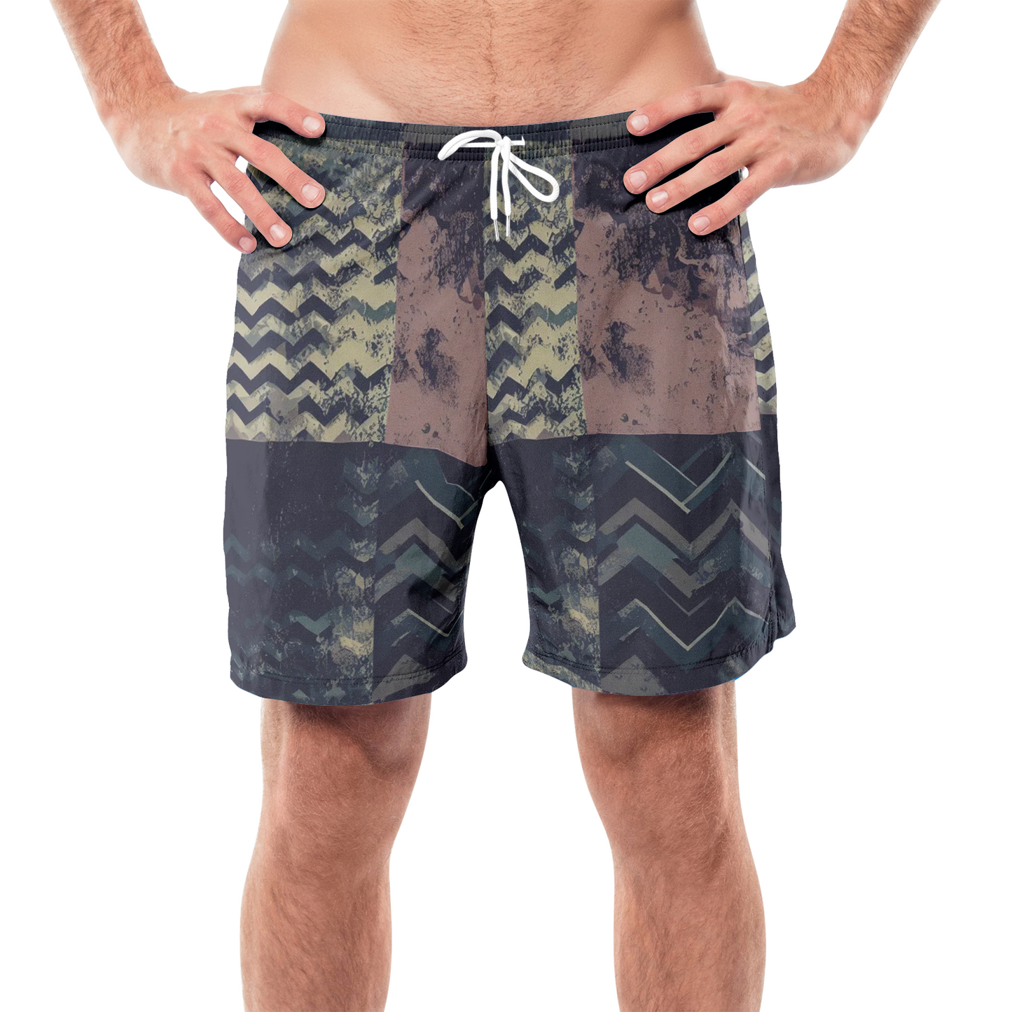 Vampire Art Grunge Patchwork Men's Beach Shorts - Herringbone in Green and Brown