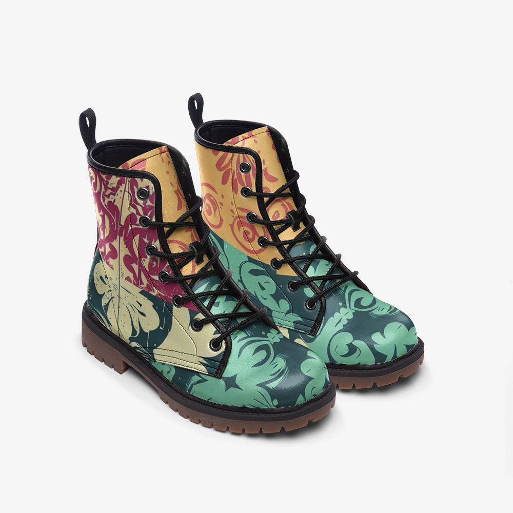Vampire Art Grunge Patchwork Faux Leather Lightweight Combat Boots - Colourful Seattle