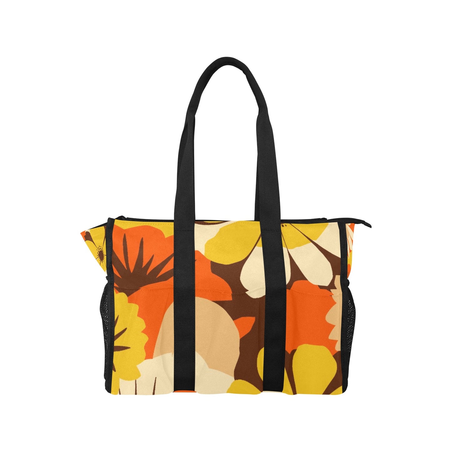 Vampire Art Retro Large Multi-pocket Beach Bag - Bold Sixties Floral in Yellow and Brown
