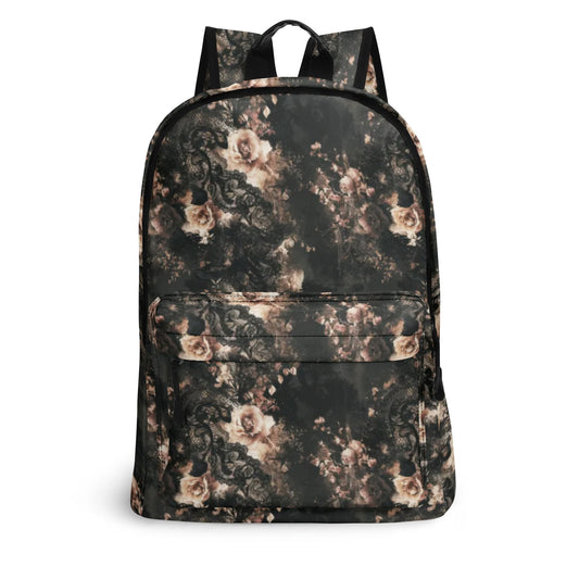 Vampire Art Retro Chic Vegan Leather 17 inch Back to School Twill Backpack - Grunge Goth Black Lace Print