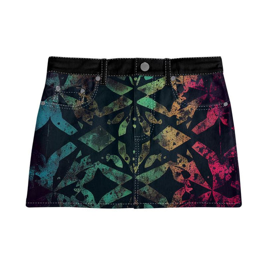 Vampire Art Retro Charm Mini Denim Skirt - Grunge Brocade