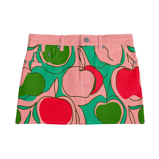Vampire Art Retro Charm Mini Denim Skirt - 1960s Cottagecore Apples